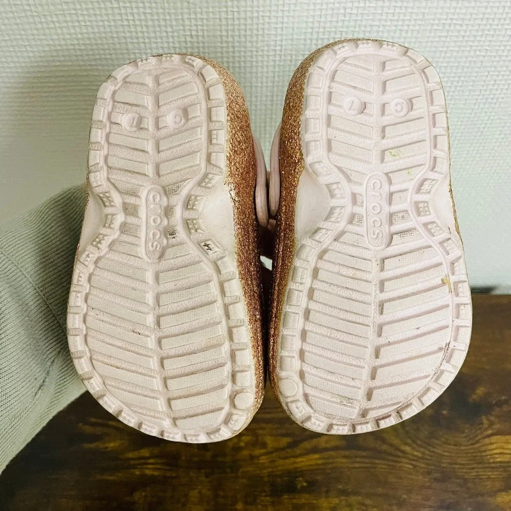 Crocs Classic Lined Clogs Rose Gold Glitter Sparkly Kids Size C7 Glittercore